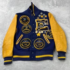 Whiting Vintage 70s Varsity Jacket Size 42 Blue Yellow Leather Sleeve Patched
